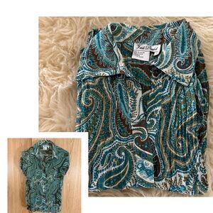 Fred David Teal and Brown Paisley Sheer Pleated Button Down Blouse